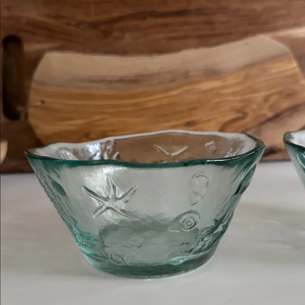 Spanish Recycled Green Glass Bowls with Coastal Theme Embossed Sea Creatures (3)